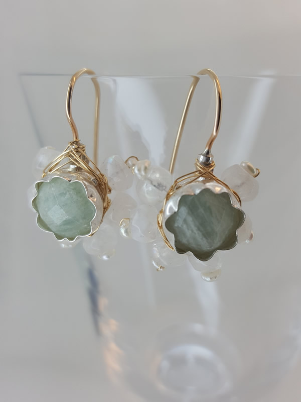 Aqua Moonstone Flower Earrings Jewellery Jewelry Semi precious gemstones Sally Bourne Interiors London Muswell Hill